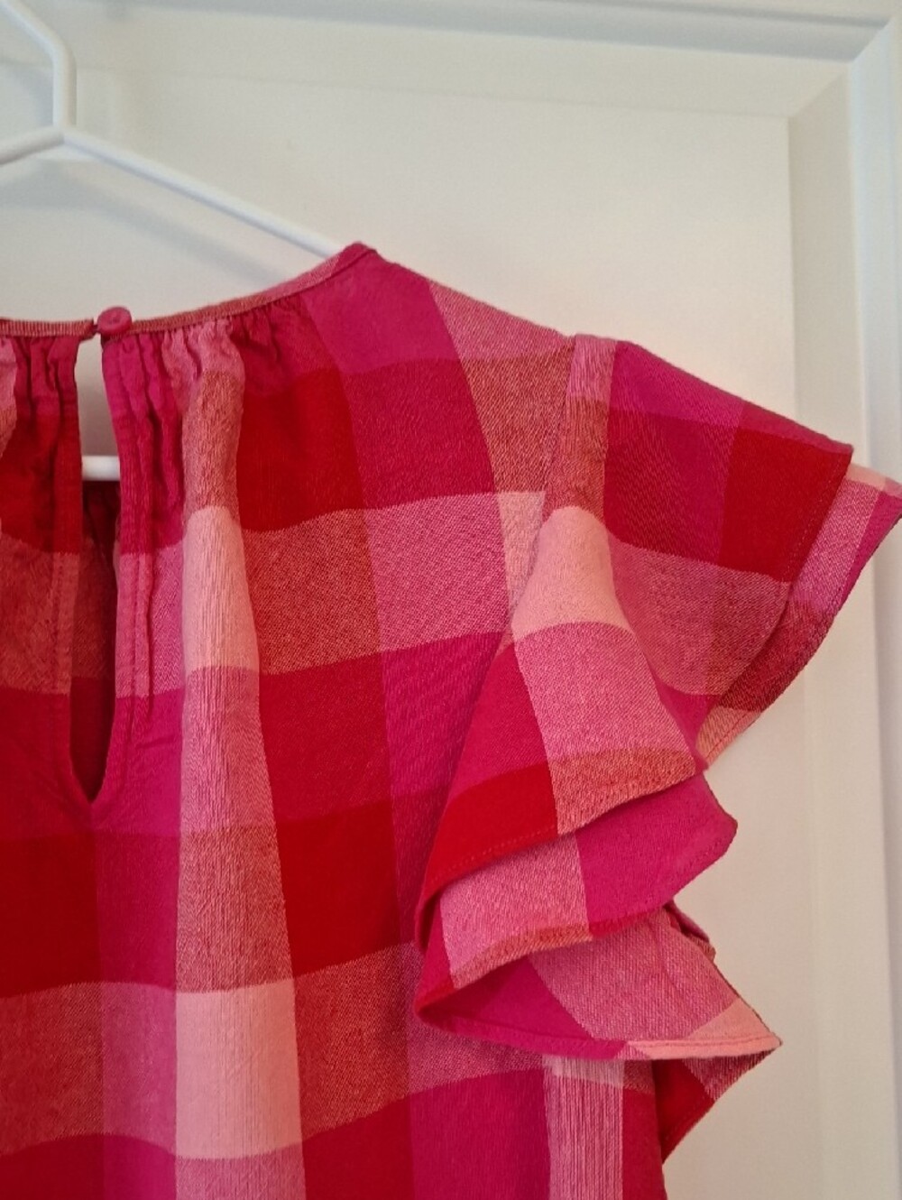 Kate Spade Pink & Red Gingham Ruffle Blouse Short Sleeve Top Linen Viscose - Picture 12 of 16